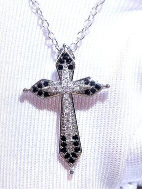 New Sterling Silver White & Black Sapphires Cross Necklace